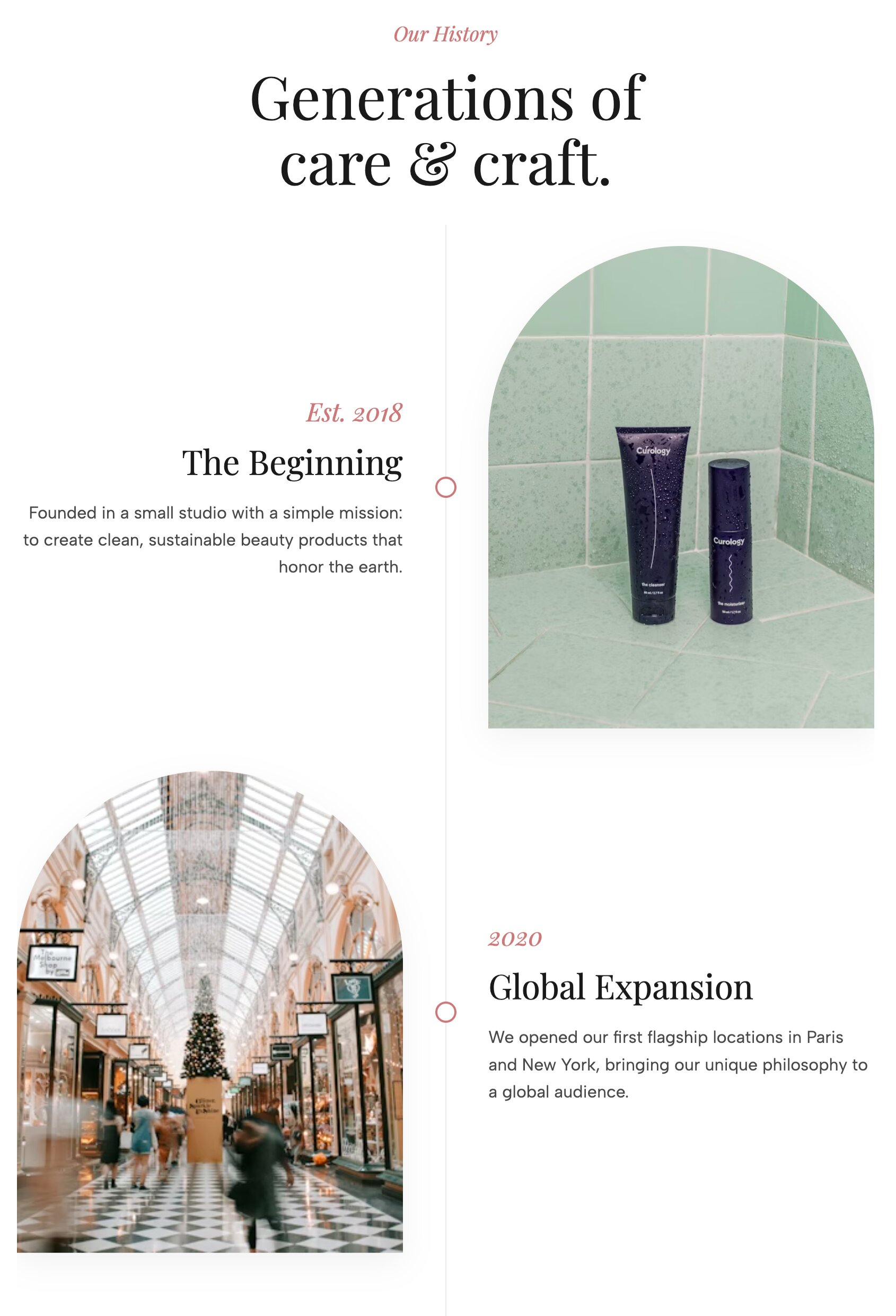 Aesthetic vertical timeline Squarespace layout with auto-alternating content sides