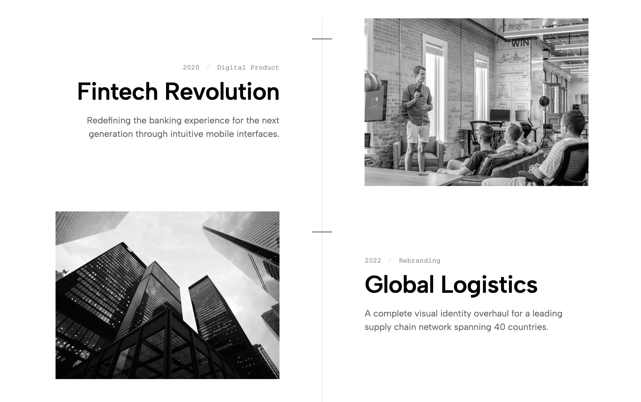 Agency minimal timeline template featuring an architectural scroll-animated layout