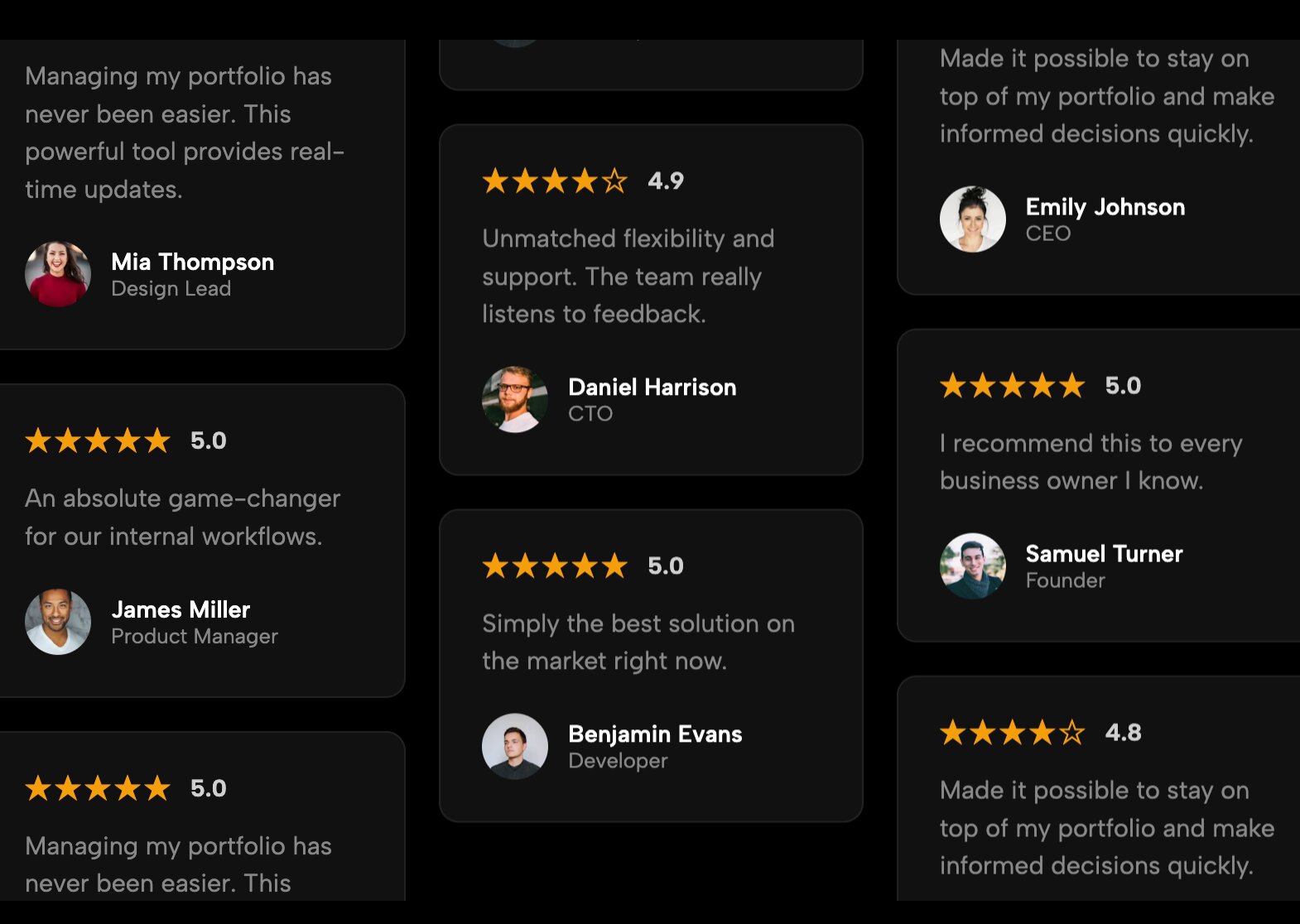 Dark Vertical Scrolling Review Tower automatically scrolling client reviews upward in a sleek dark mode column