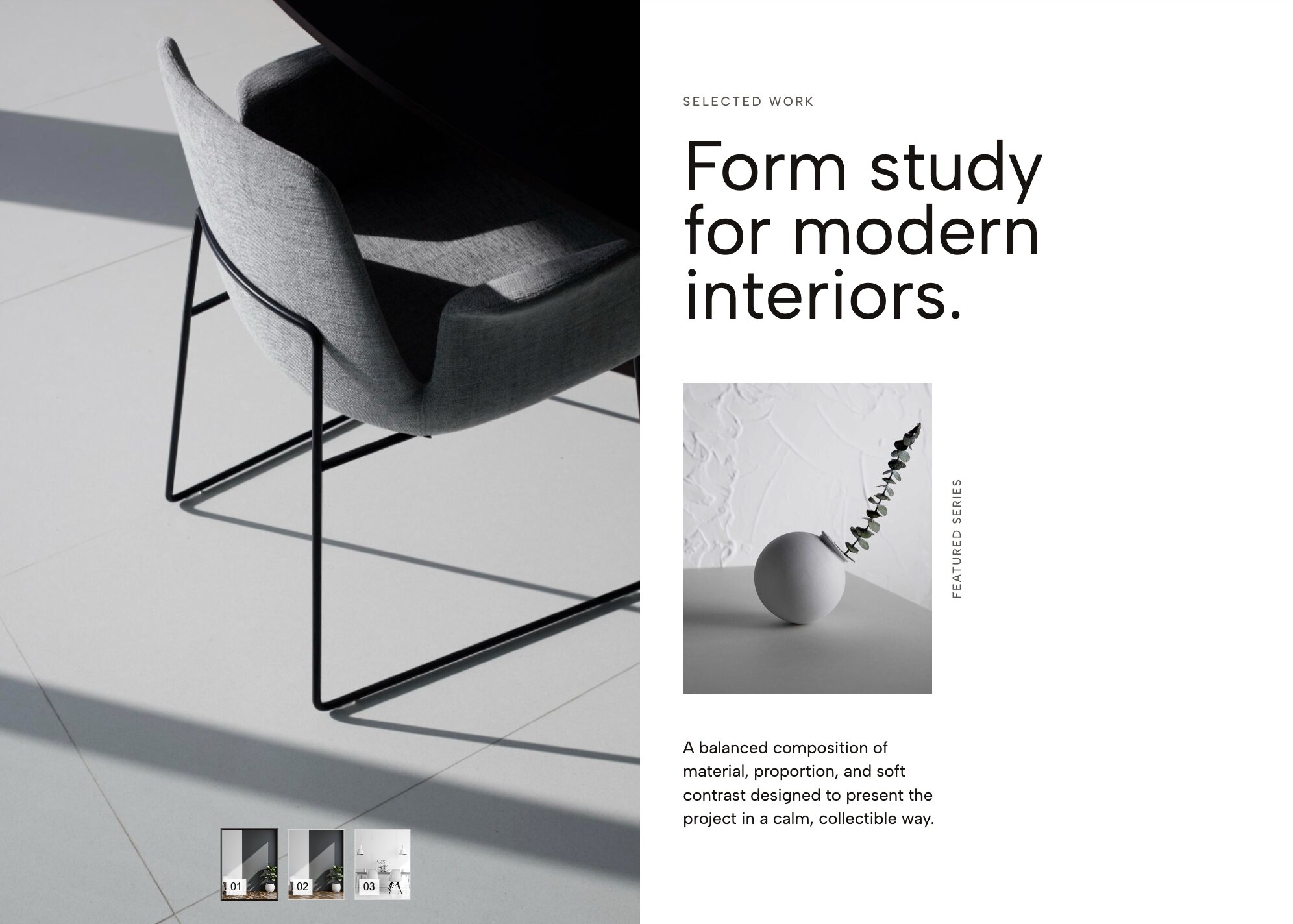 Editorial Work Slider featuring refined typography and clickable thumbnail previews