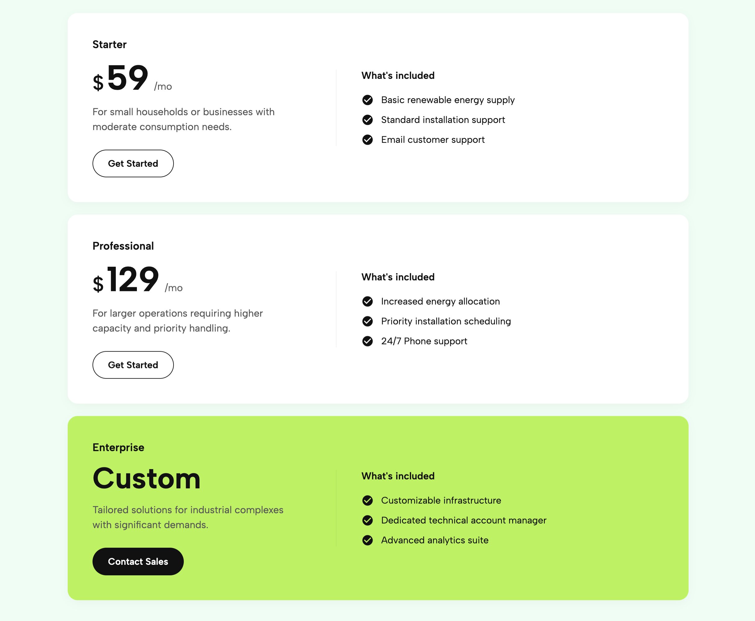 Full width horizontal Squarespace pricing table for corporate platforms