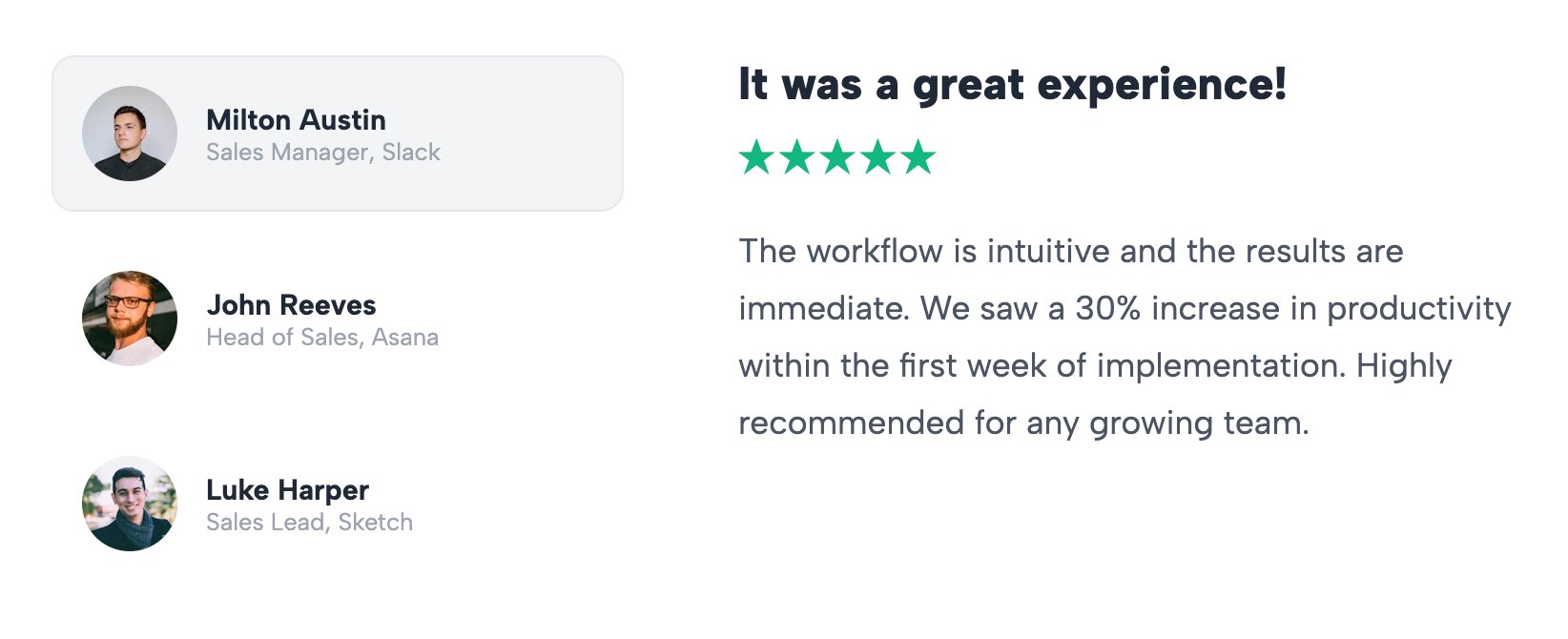 Interactive Tabbed Testimonials interface allowing users to click client names or logos to view reviews