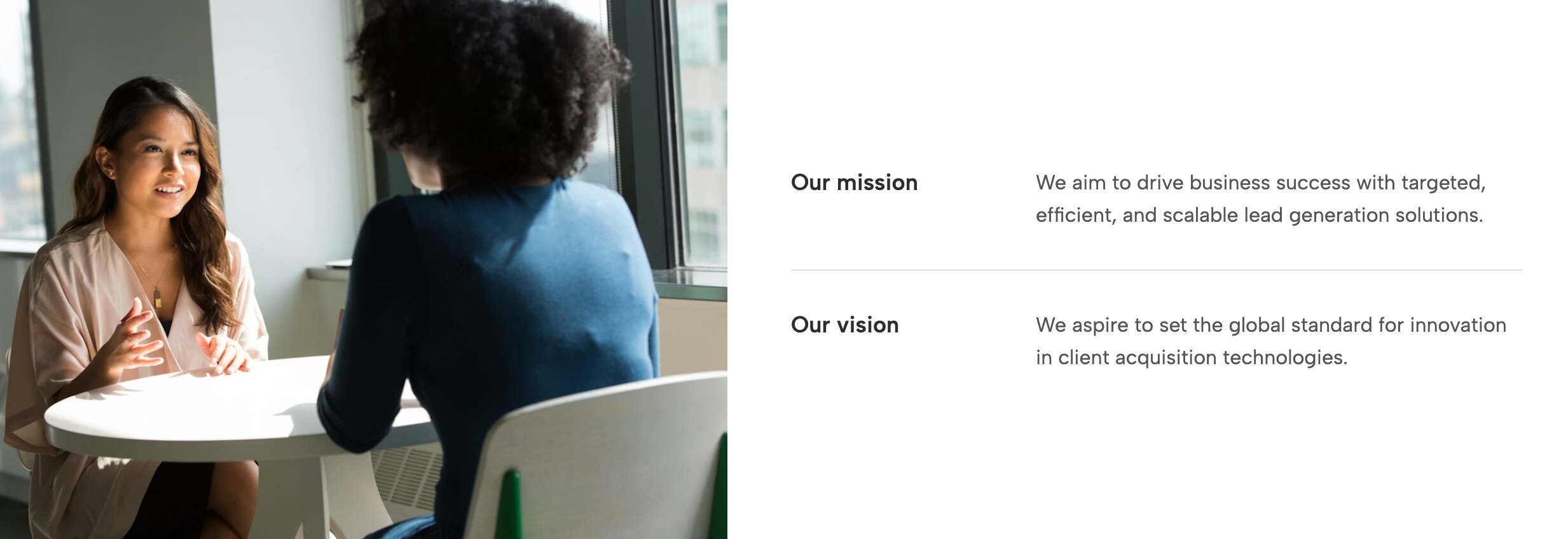 Mission and Vision Split Section layout perfect for corporate About Us pages and dual narratives
