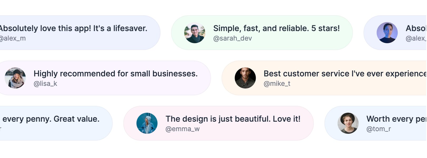 Testimonials Pill Grid Marquee featuring pill-shaped review cards gliding in a staggered horizontal loop