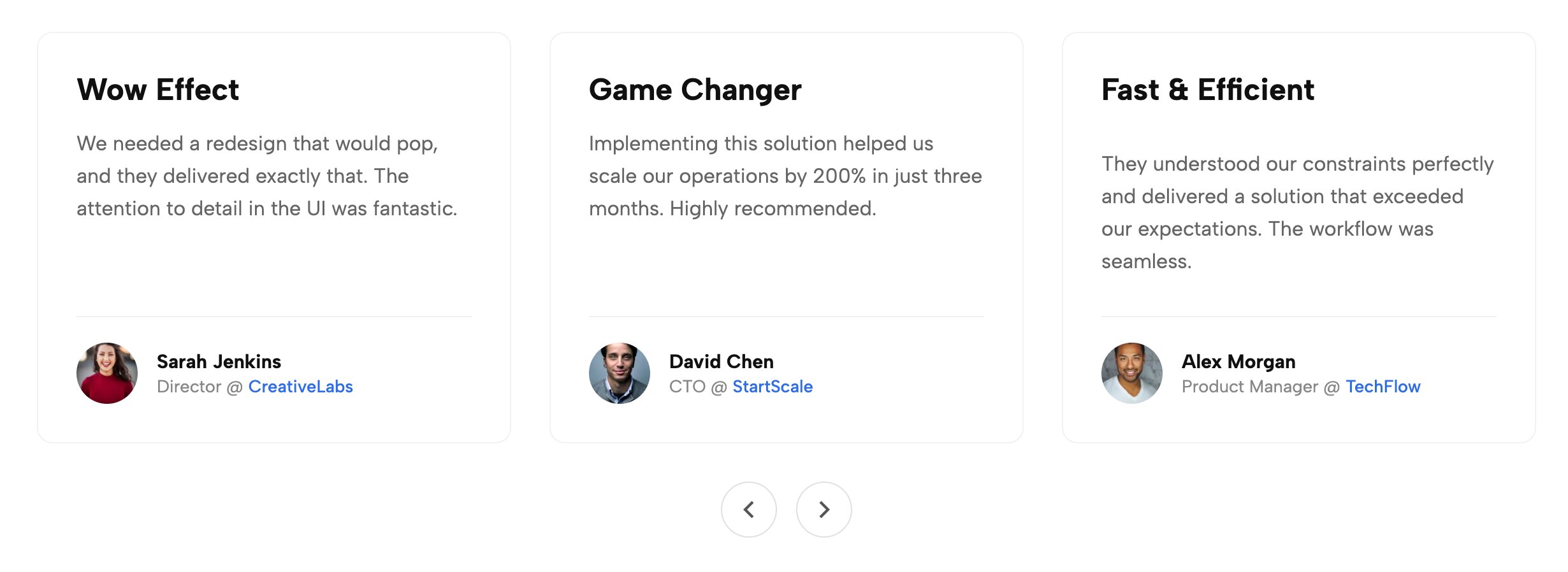 Slick Testimonials Carousel highlighting a single review with crisp typography and generous whitespace