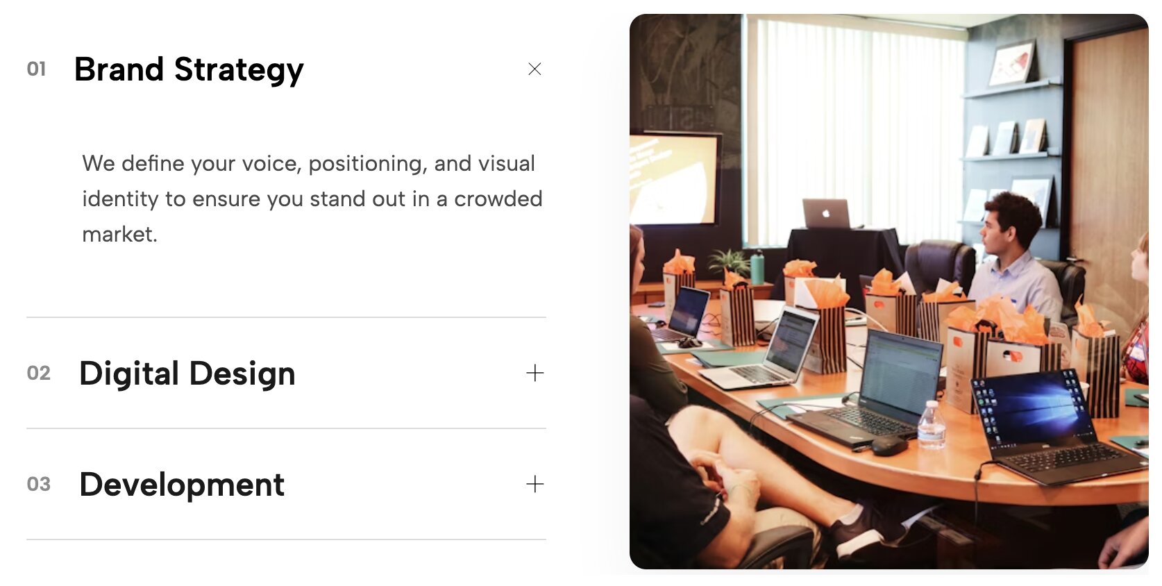 Split Accordion Gallery pairing interactive text tabs on one side with dynamically updating images on the other