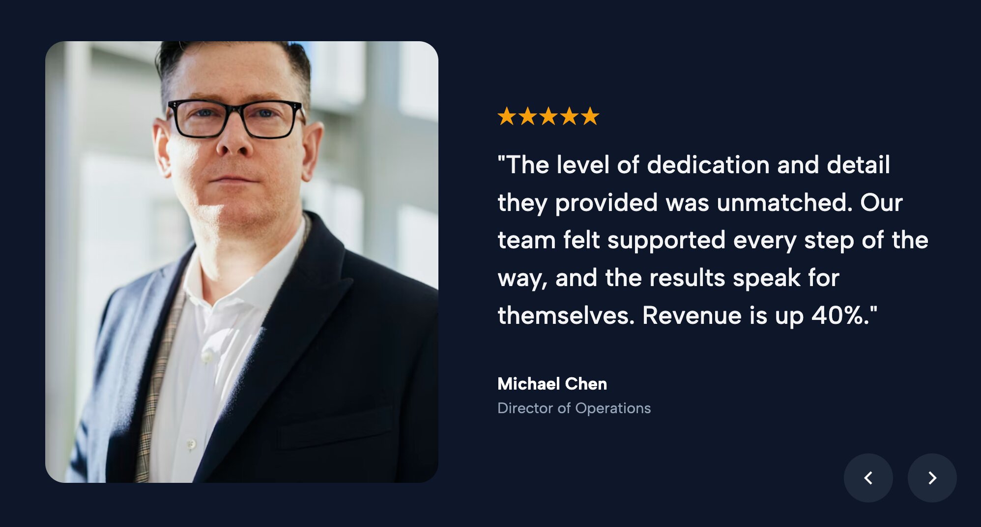 Split Hero Testimonial layout featuring a bold client image on one side and a glowing review on the other