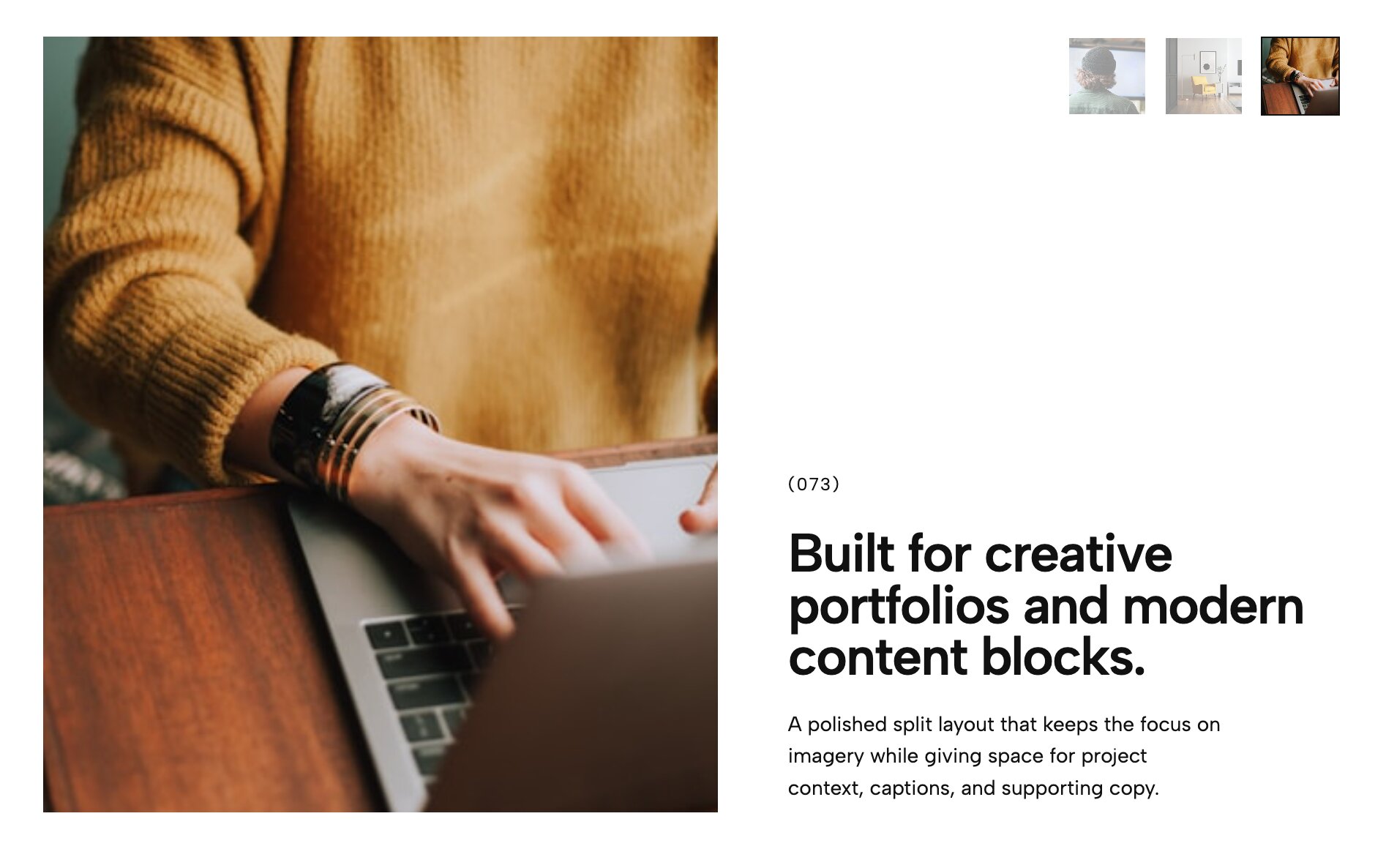 Split Portfolio Carousel separating descriptive copy on one half and sliding images on the other