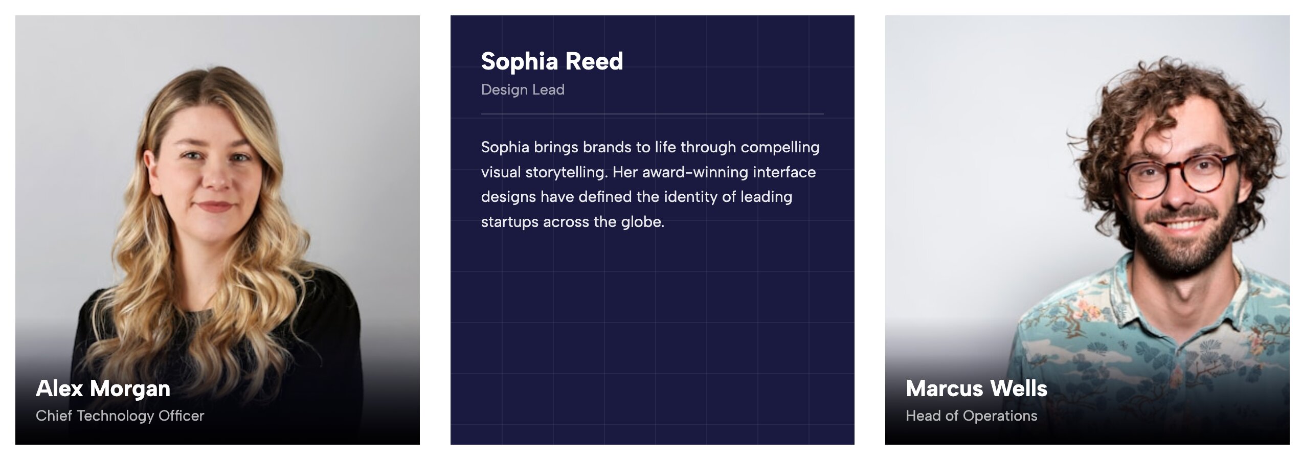 Interactive team card hover effect widget