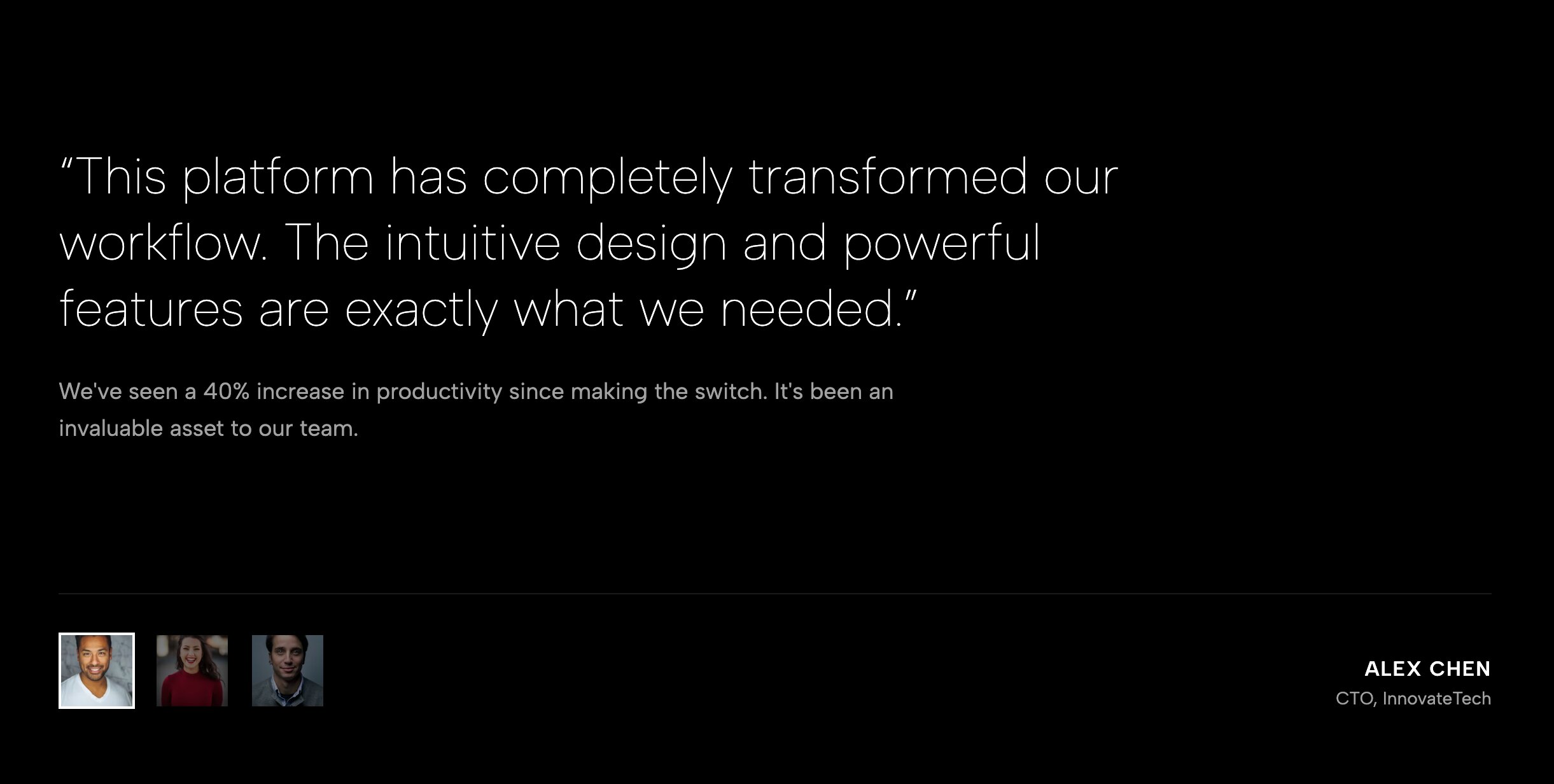 Editorial Testimonials Slider with Thumbnail Navigation pairing cinematic quotes with clickable client images