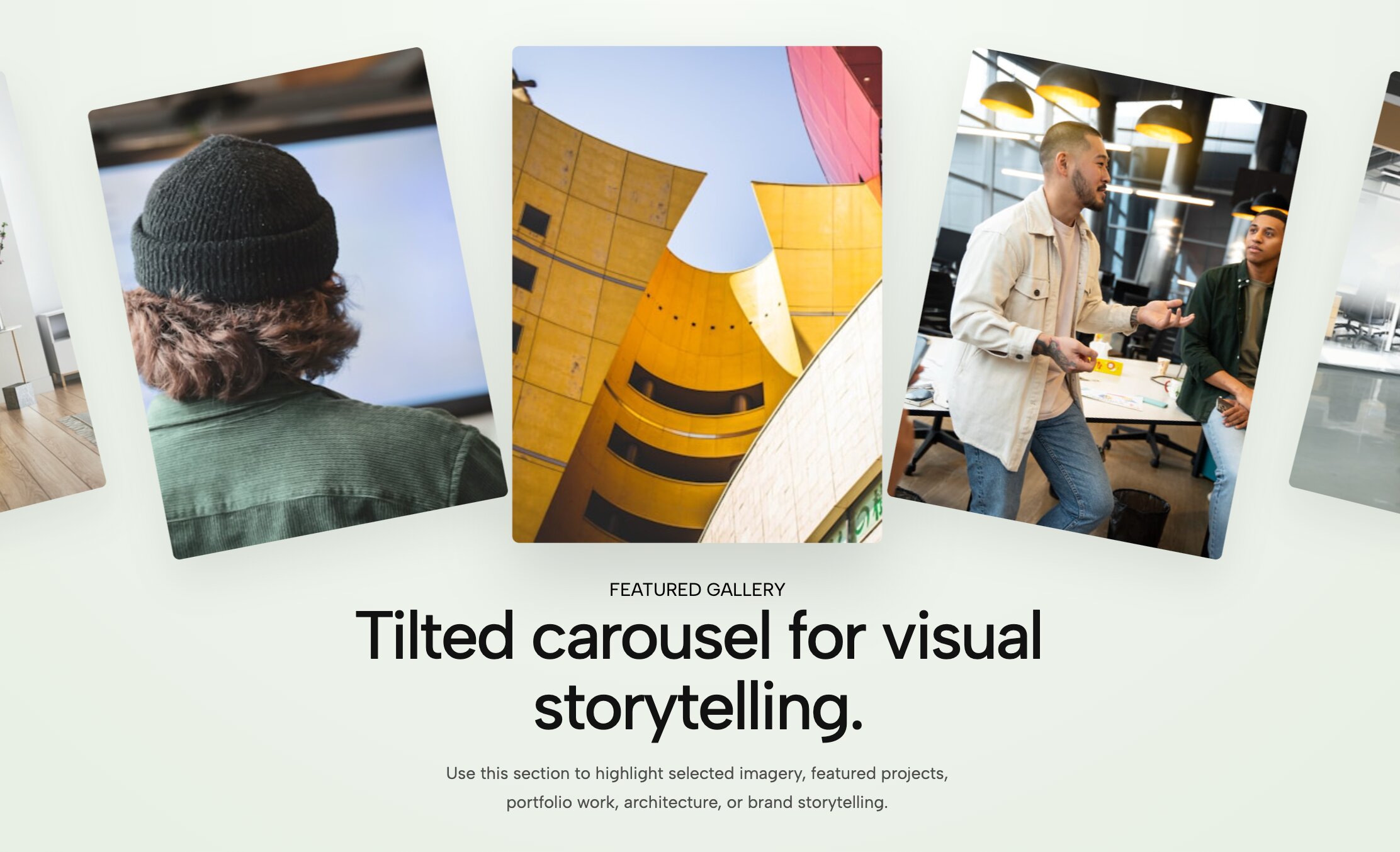 Tilted Infinite Gallery Slider showing a diagonal, auto-scrolling loop of project thumbnails