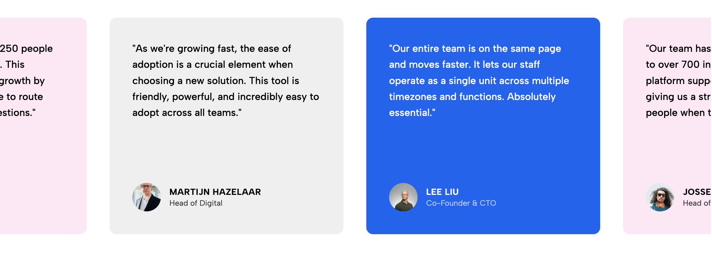Vibrant Testimonials Block Marquee showing a continuous horizontal scroll of colorful review cards