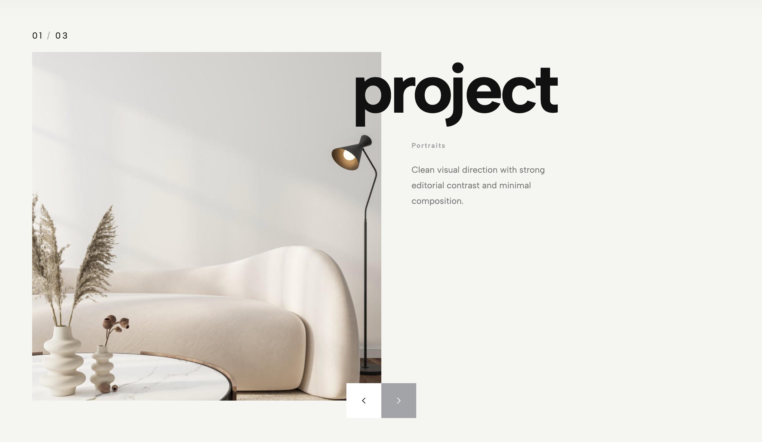Work Hero Slider positioning bold project titles directly over top of high-contrast photography