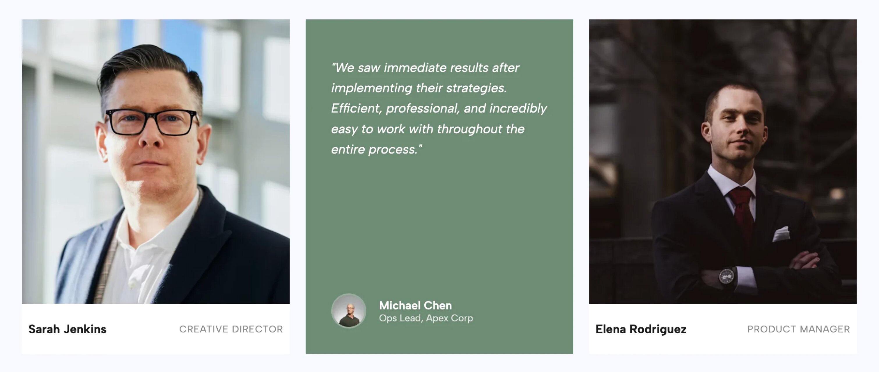 Hover Reveal Testimonial Grid displaying client photos that fade into glowing reviews when hovered over