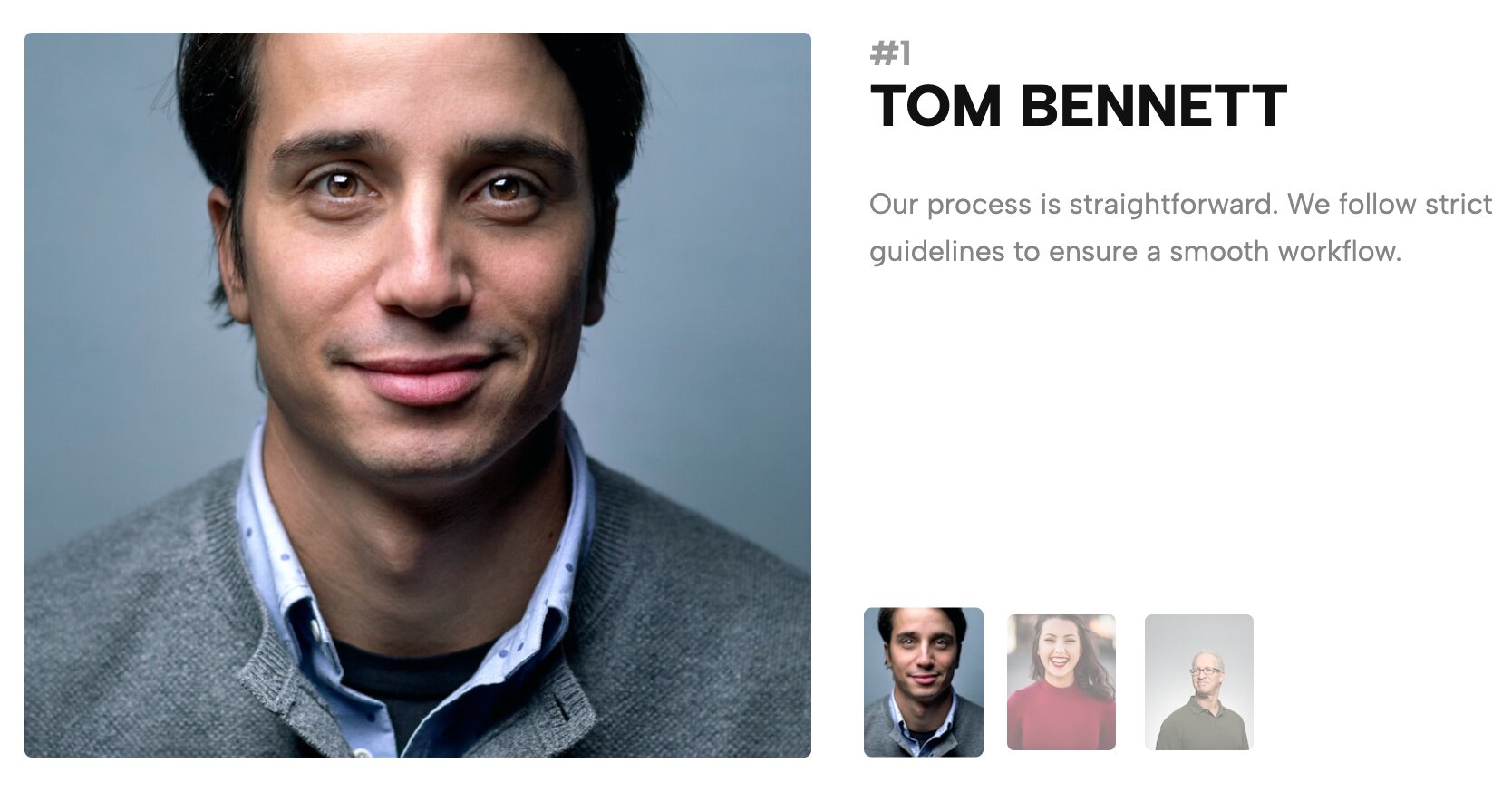 Interactive Thumbnail Testimonial Slider allowing users to click through a stylish row of client profile pictures