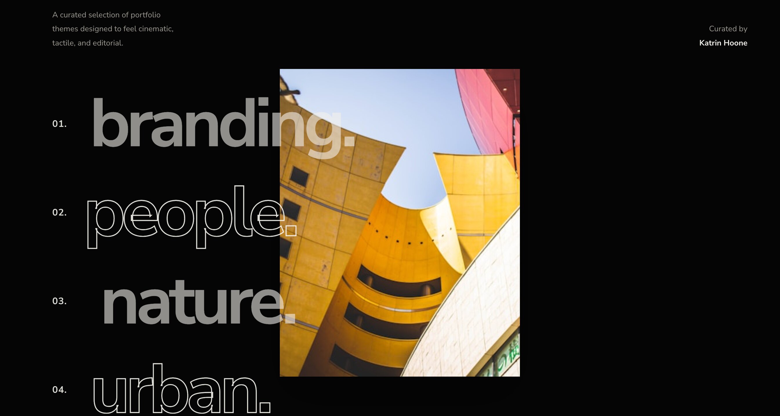 Awwwards-Style Portfolio Categories Showcase revealing vibrant images when hovering over text links