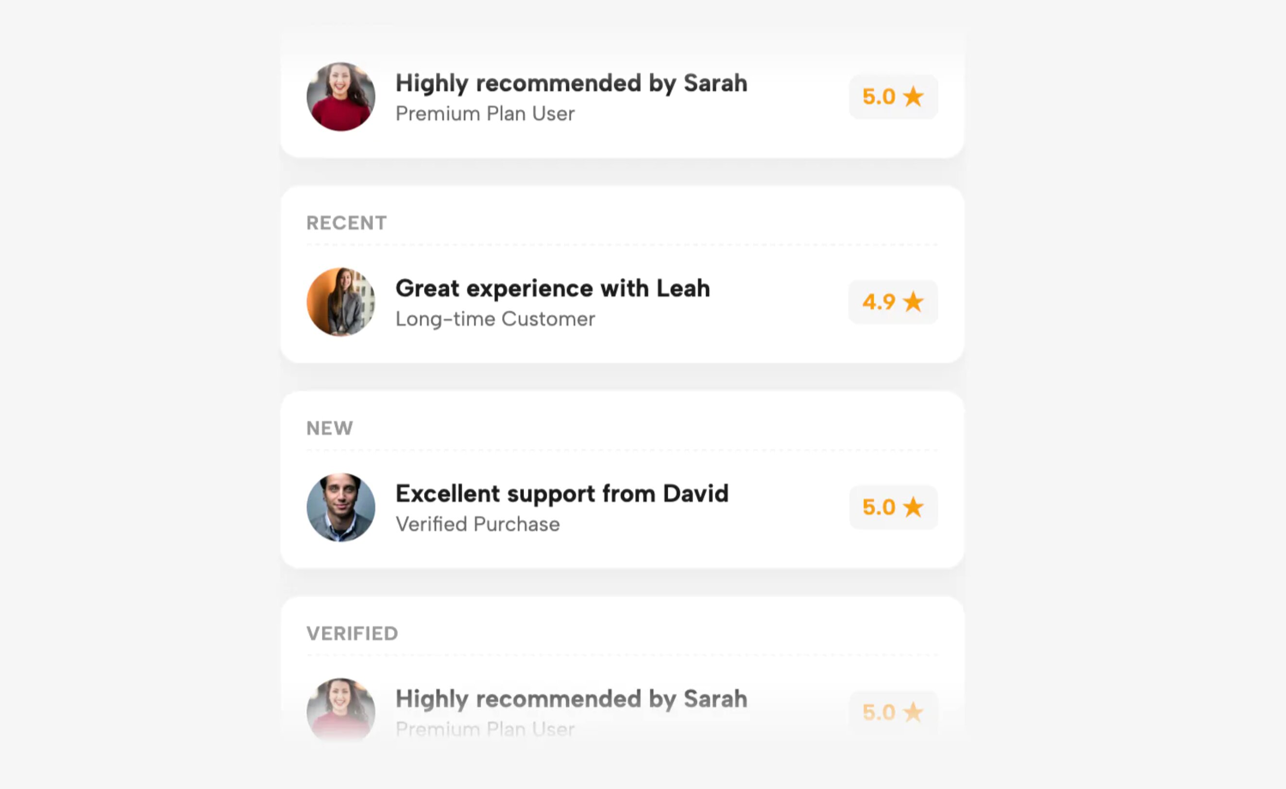 Single Column Testimonial Feed showing a vertical Wall of Love layout with modern review cards