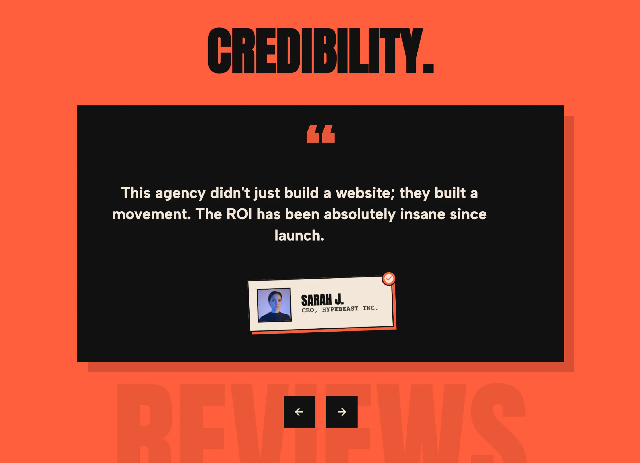 Urban Bold Testimonials Carousel using massive fonts and aggressive styling for a raw street-style edge
