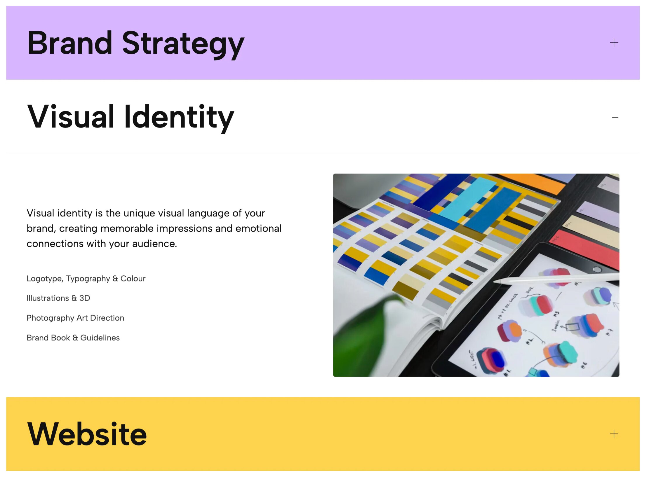 Vibrant Service Accordion with color-shifting backgrounds and highly stylized project toggles
