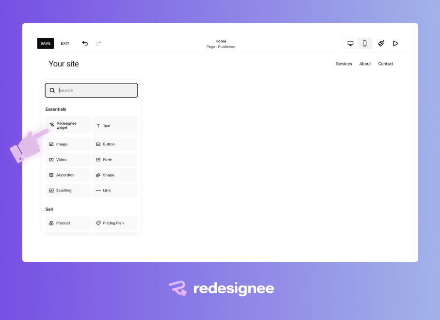 Select the Responsive Video Slider widget from the Redesignee extension library in Squarespace editor