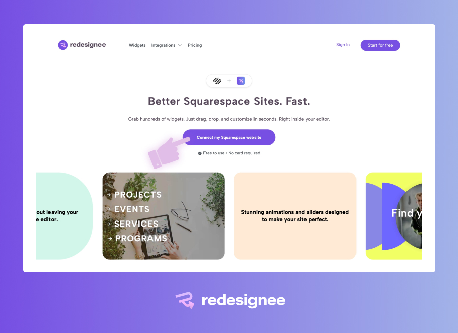Connect the free Redesignee extension to your Squarespace website to enable video sliders